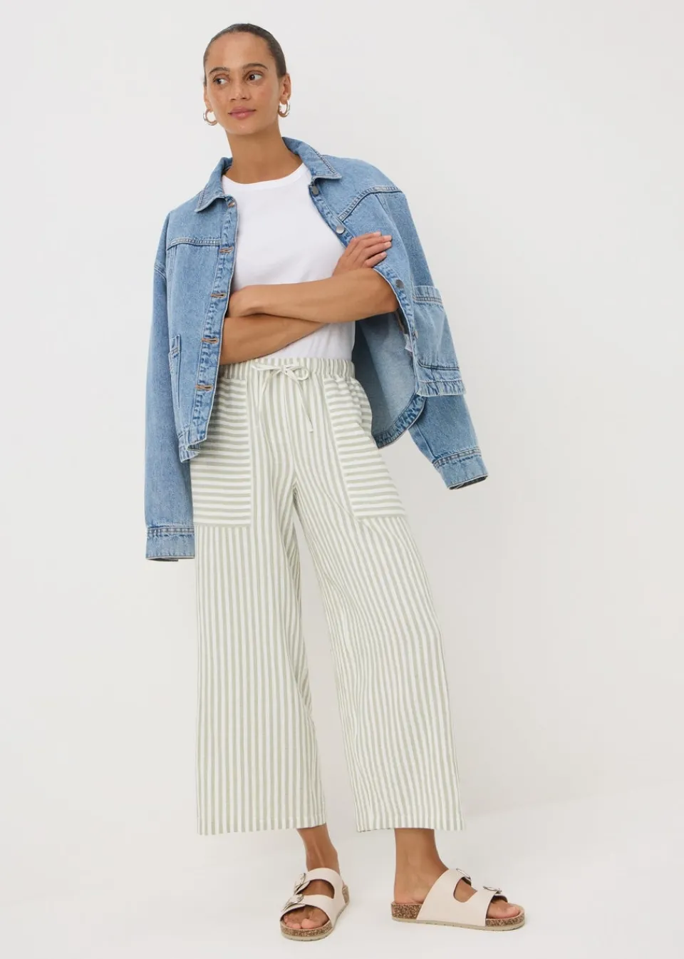 Trousers>Papaya Sage Stripe Double Cloth Crop Trousers