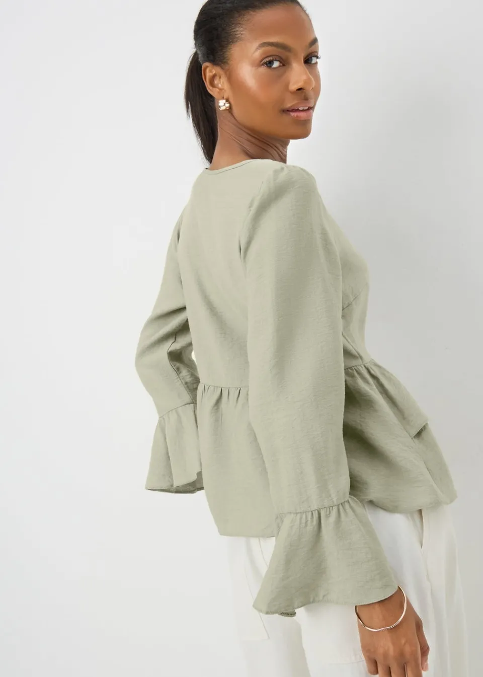 Tops>Papaya Sage V-Neck Ruffle Blouse
