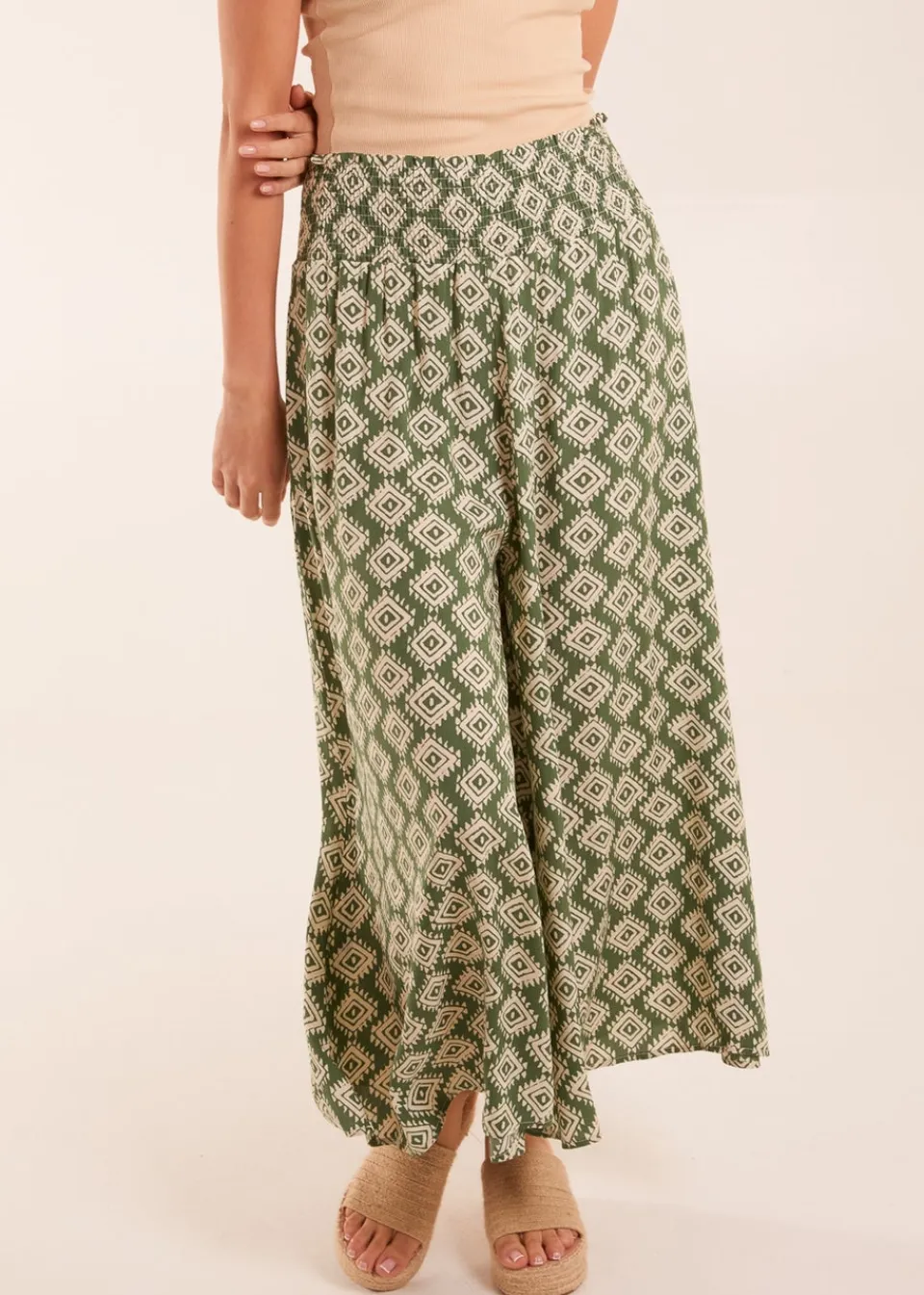 Trousers>Blue Vanilla Shirred Waist Wide Leg Aztec Trouser Khaki