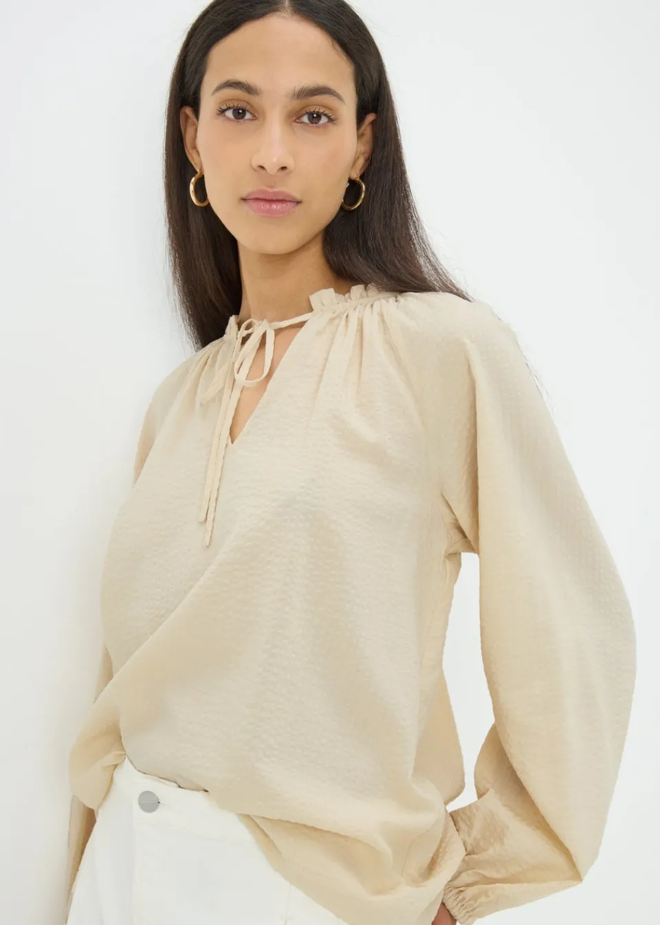 Tops>Papaya Stone Boho Tie Neck Blouse