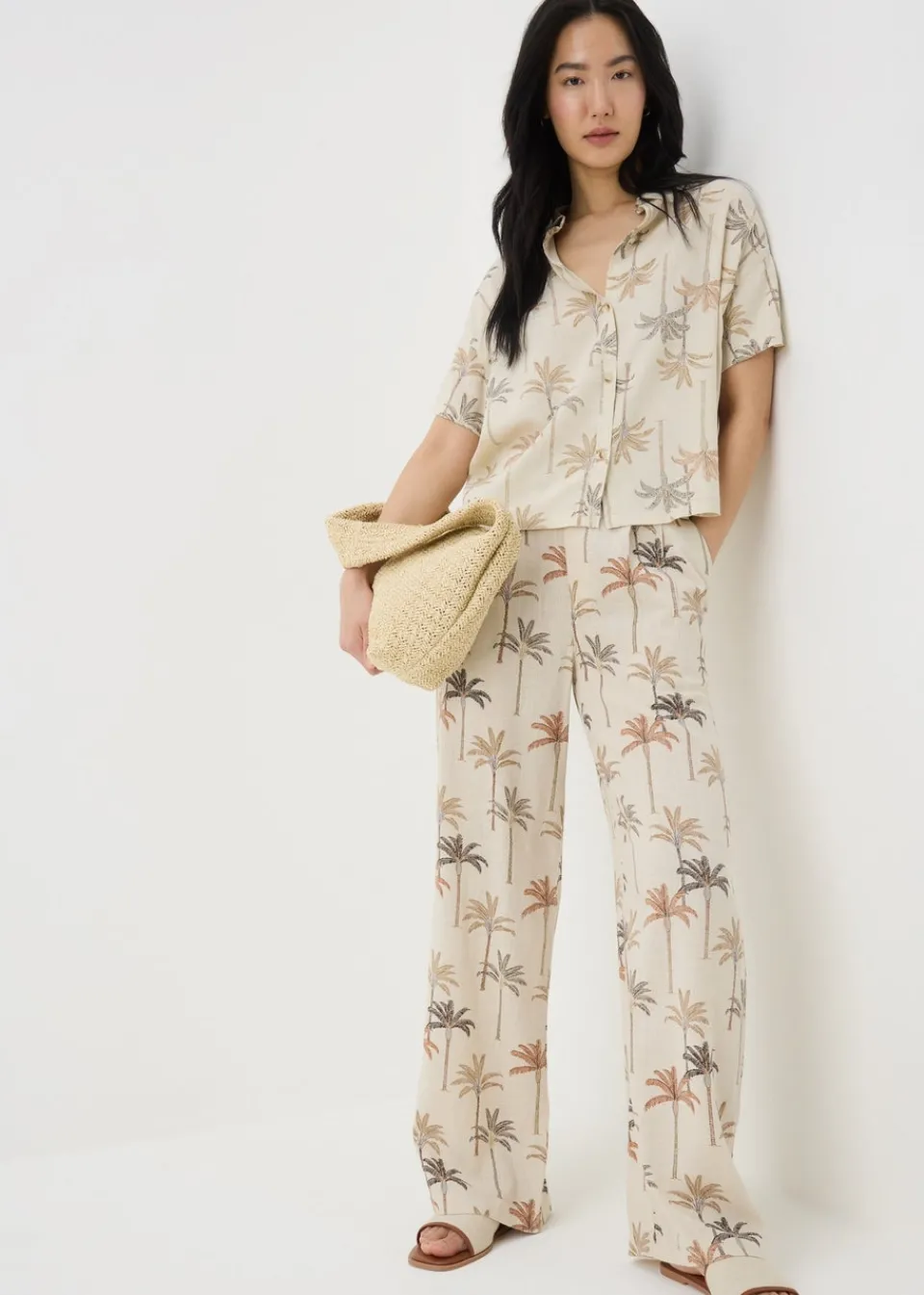 Trousers>Papaya Stone Palm Linen Blend Wide Leg Trousers