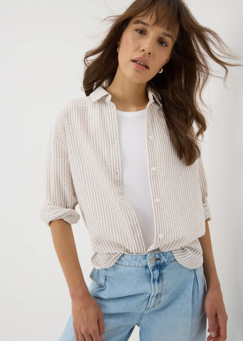 Tops>Papaya Stripe Seersucker Cotton Shirt Stone