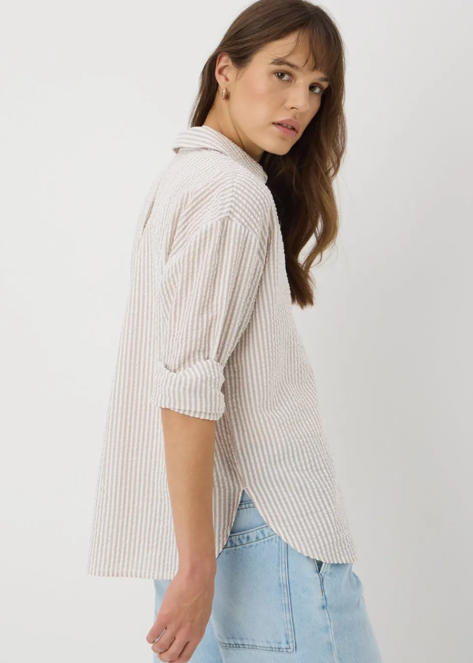 Tops>Papaya Stripe Seersucker Cotton Shirt Stone