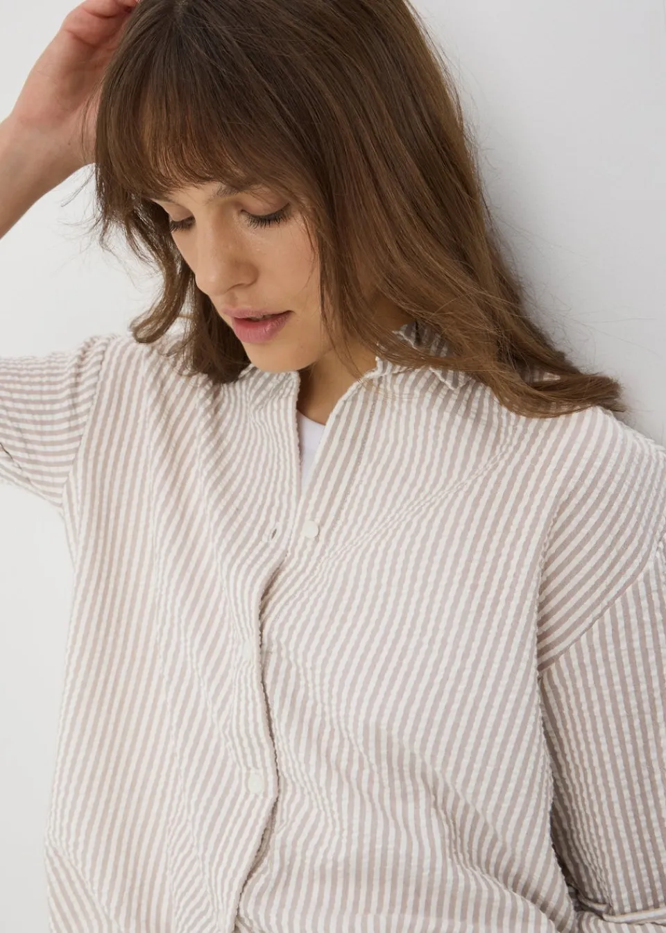 Tops>Papaya Stripe Seersucker Cotton Shirt Stone