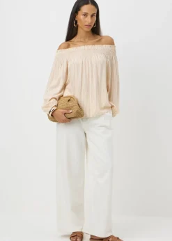 Tops>Papaya Stone Stripe Shirred Bardot Top