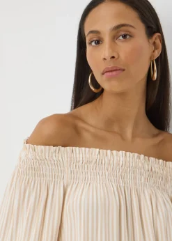 Tops>Papaya Stone Stripe Shirred Bardot Top