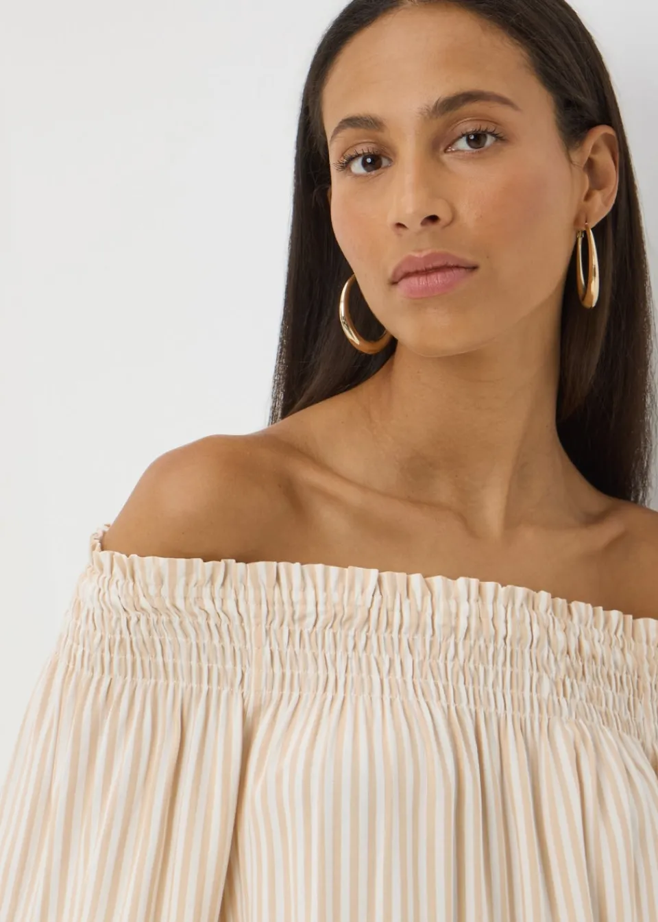 Tops>Papaya Stone Stripe Shirred Bardot Top