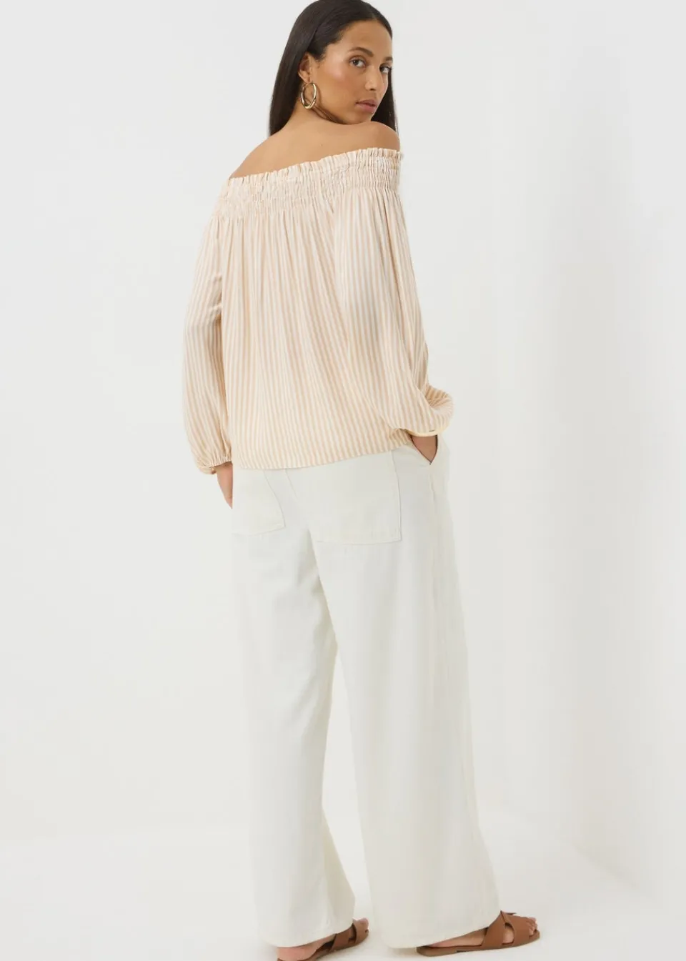Tops>Papaya Stone Stripe Shirred Bardot Top