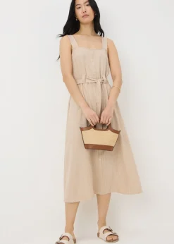 Dresses>Papaya Stone Stripe Square Neck Belted Midi Dress