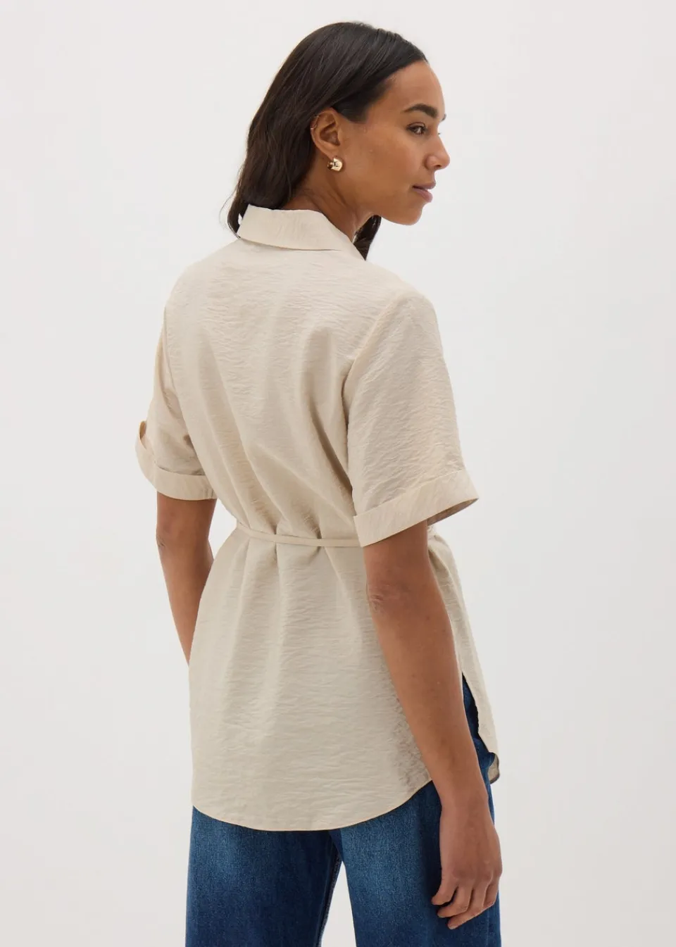 Tops>Papaya Stone Tie Waist Longline Shirt