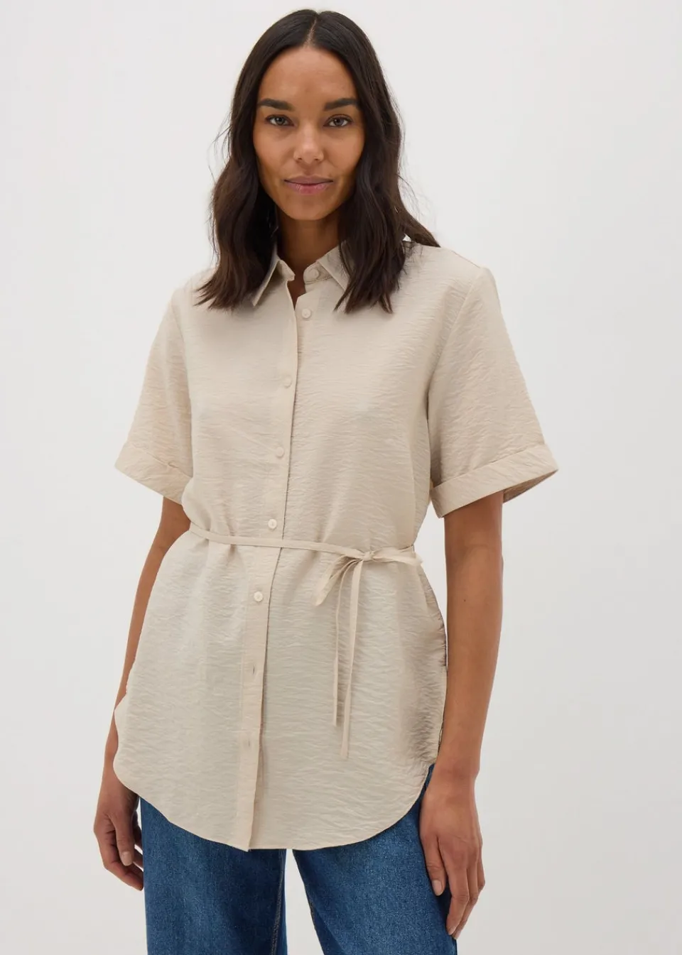 Tops>Papaya Stone Tie Waist Longline Shirt