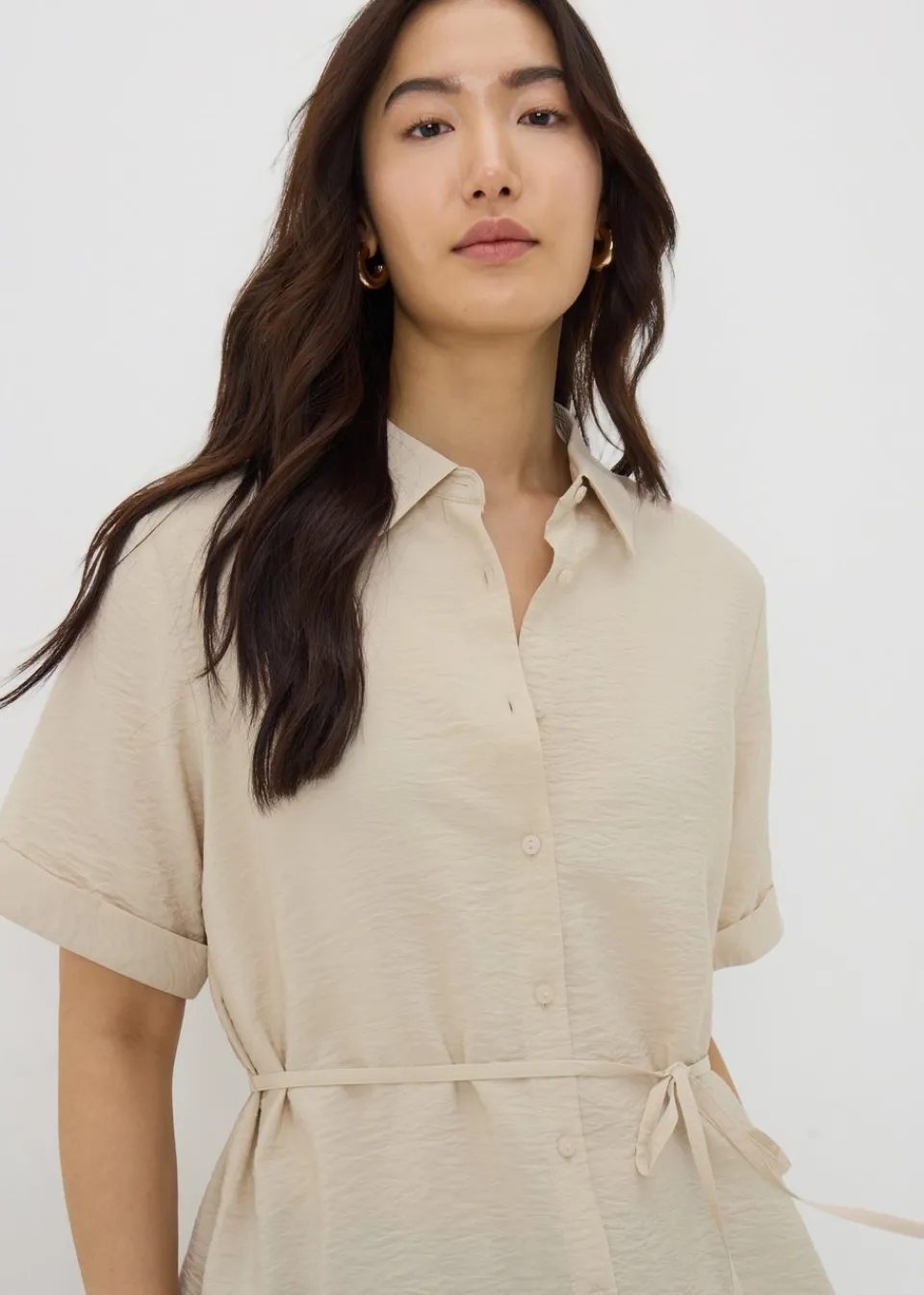Tops>Papaya Stone Tie Waist Longline Shirt