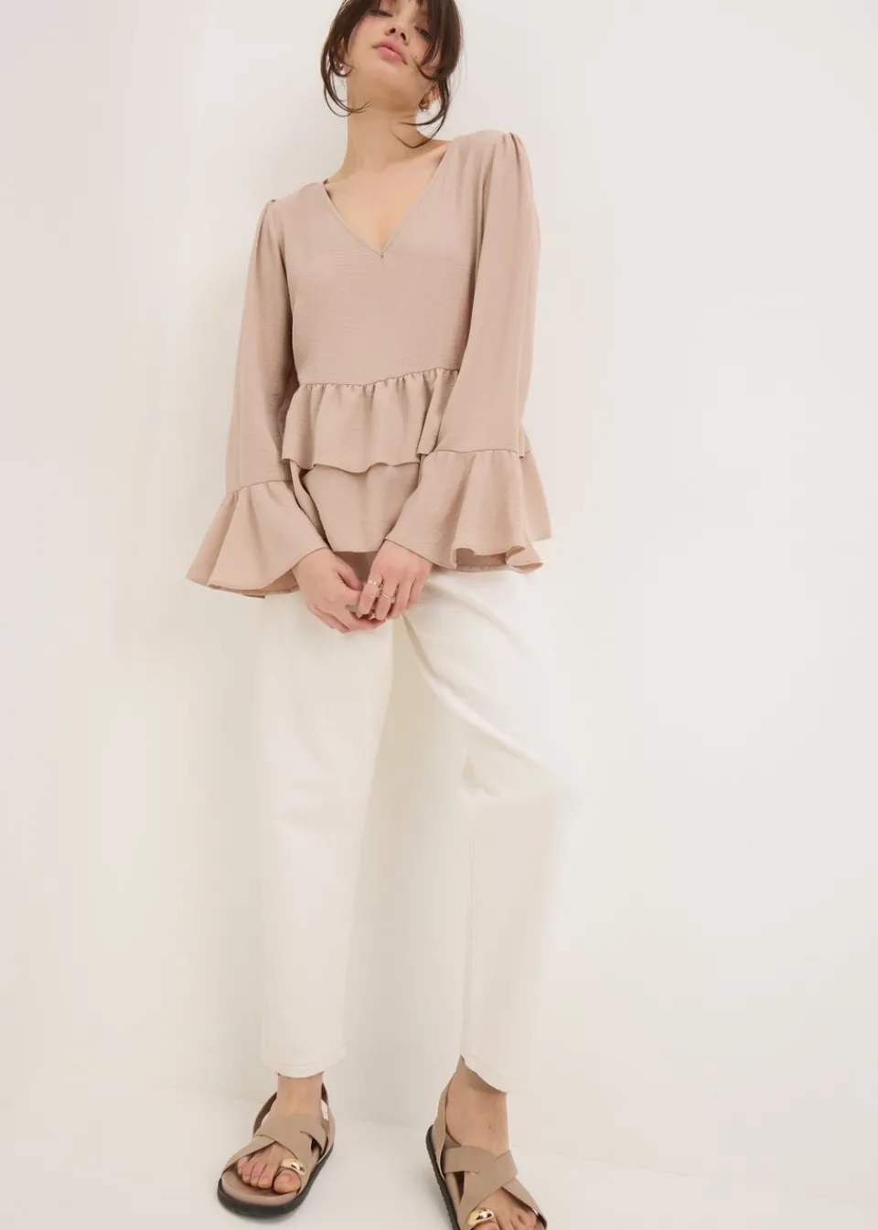 Tops>Papaya Stone V-Neck Ruffle Blouse