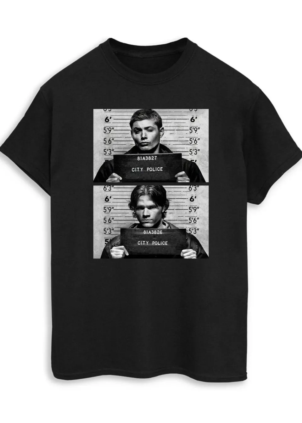 T-Shirts>Supernatural Winchester Mugshots Women Black Printed Boyfriend Fit T-Shirt