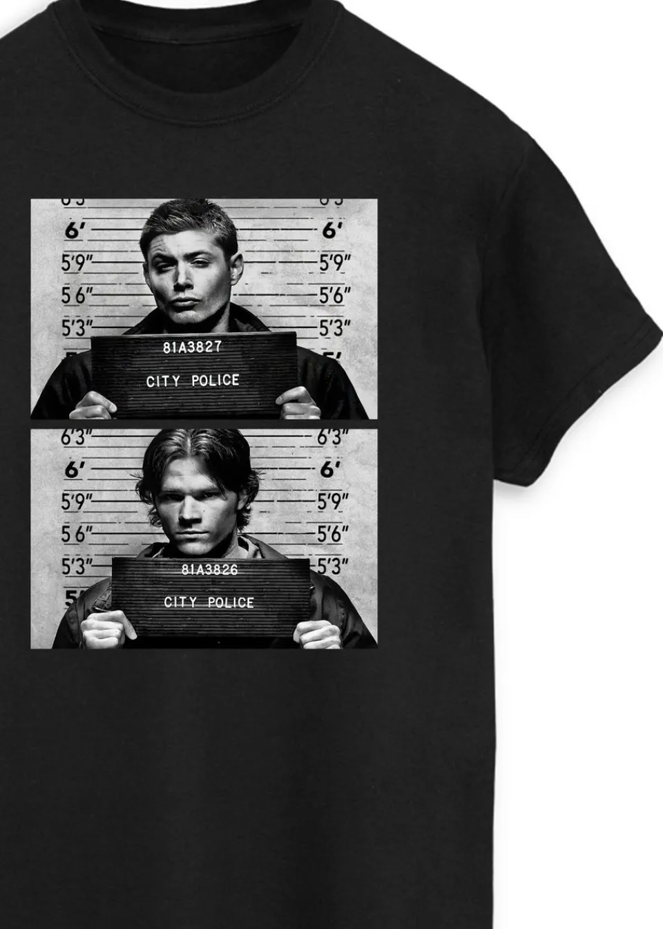 T-Shirts>Supernatural Winchester Mugshots Women Black Printed Boyfriend Fit T-Shirt