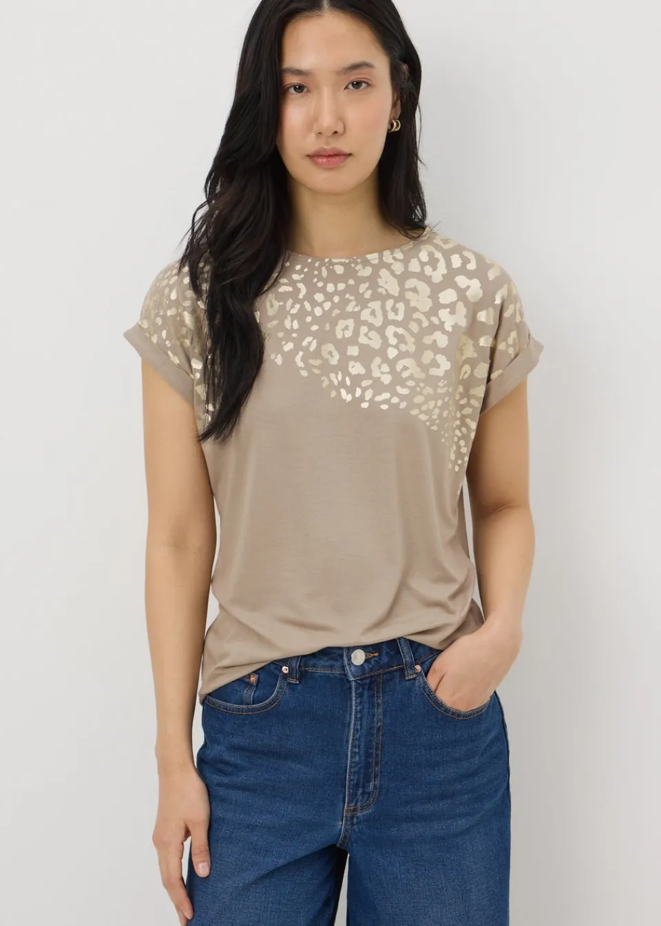 T-Shirts>Papaya Taupe Animal Foil Print T-Shirt