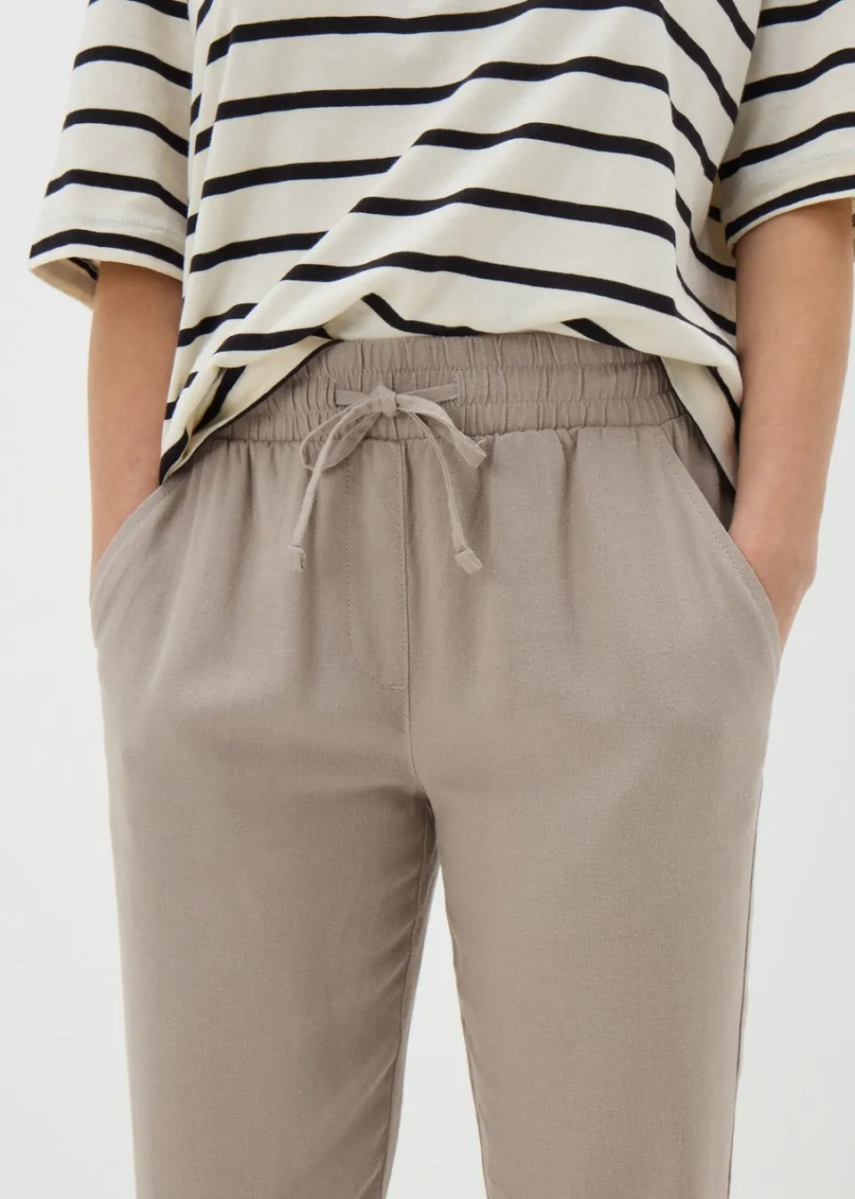 Trousers>Papaya Taupe Linen Blend Tapered Trousers