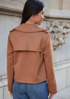 Coats & Jackets>Threadbare Beige Cropped Suedette Trench Coat