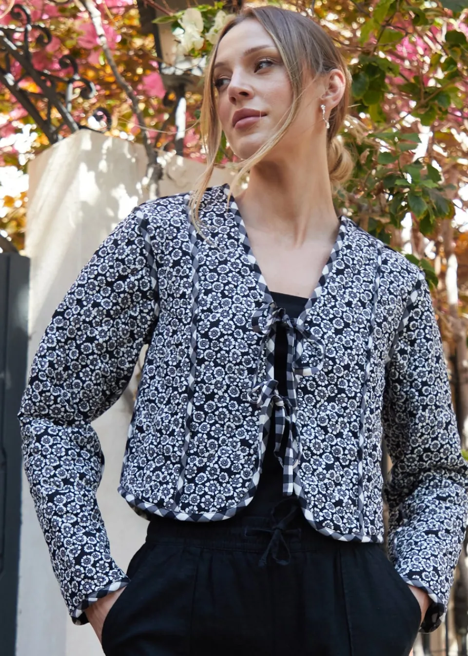 Coats & Jackets>Threadbare Black Floral Tie Front Reversible Quilted Jacket