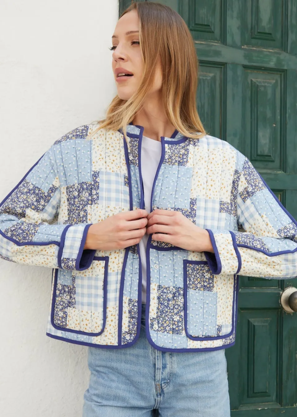 Coats & Jackets>Threadbare Blue Floral Patchwork Quilted Jacket
