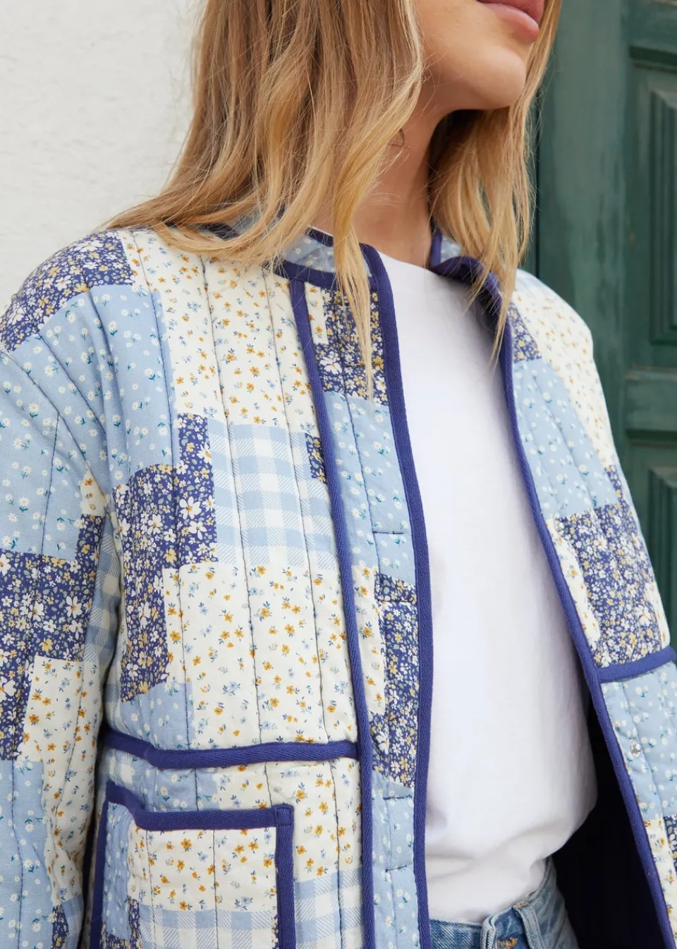 Coats & Jackets>Threadbare Blue Floral Patchwork Quilted Jacket
