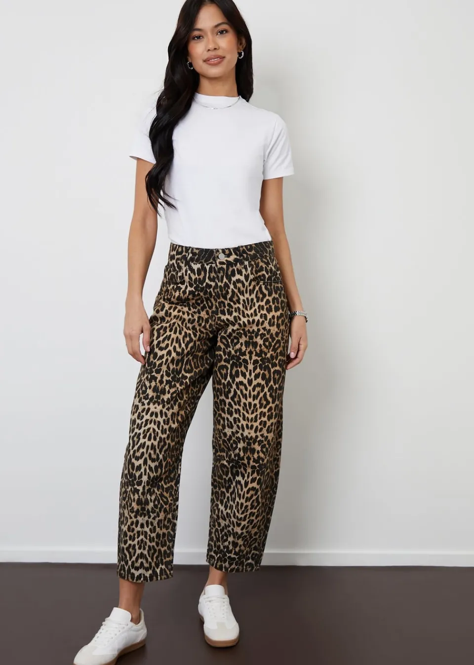 Jeans & Jeggings>Threadbare Brown Leopard Print Barrel Leg Denim Jeans