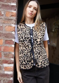 Tops>Threadbare Brown Leopard Print Tie Front Borg Gilet