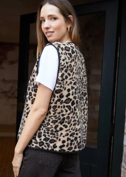 Tops>Threadbare Brown Leopard Print Tie Front Borg Gilet