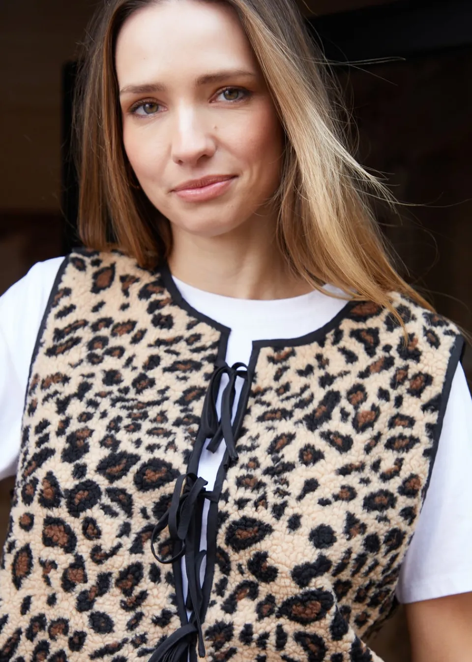 Tops>Threadbare Brown Leopard Print Tie Front Borg Gilet