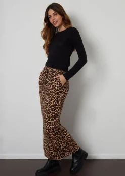 Skirts>Threadbare Brown Midori Leopard Print Cotton Jersey Midi Skirt with Pockets