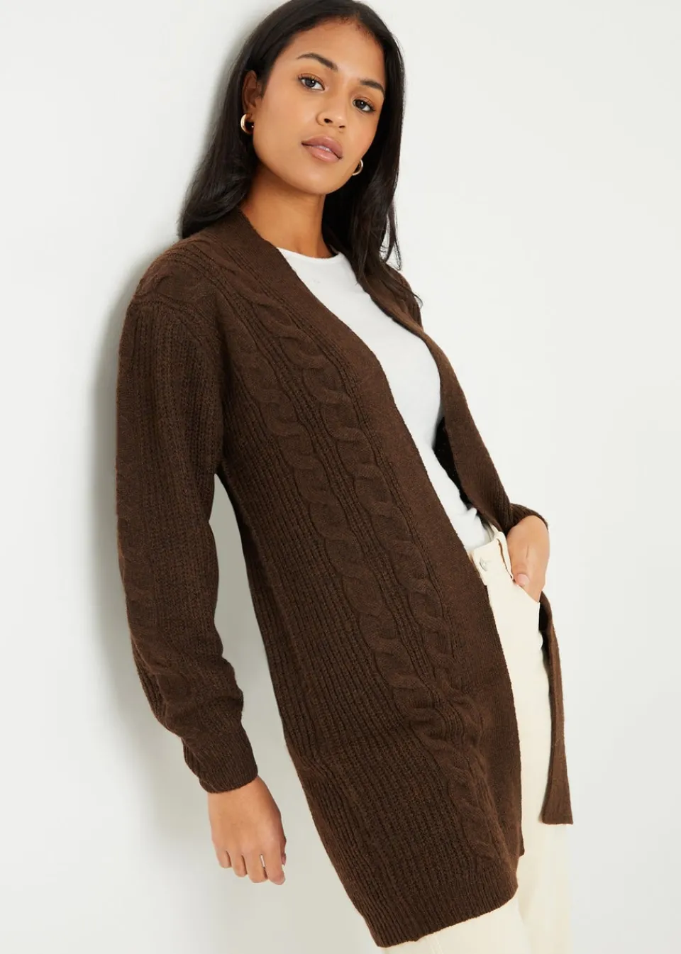 Tops>Threadbare Chocolate Rozanna Cable Knit Cardigan