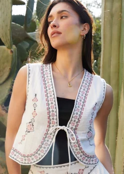 Tops>Threadbare Cream Embroidered Tie Front Waistcoat