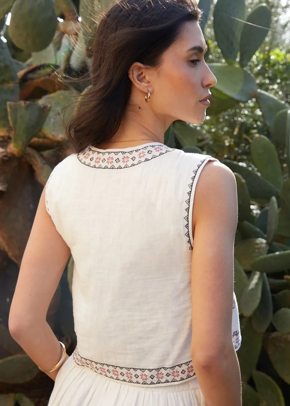 Tops>Threadbare Cream Embroidered Tie Front Waistcoat