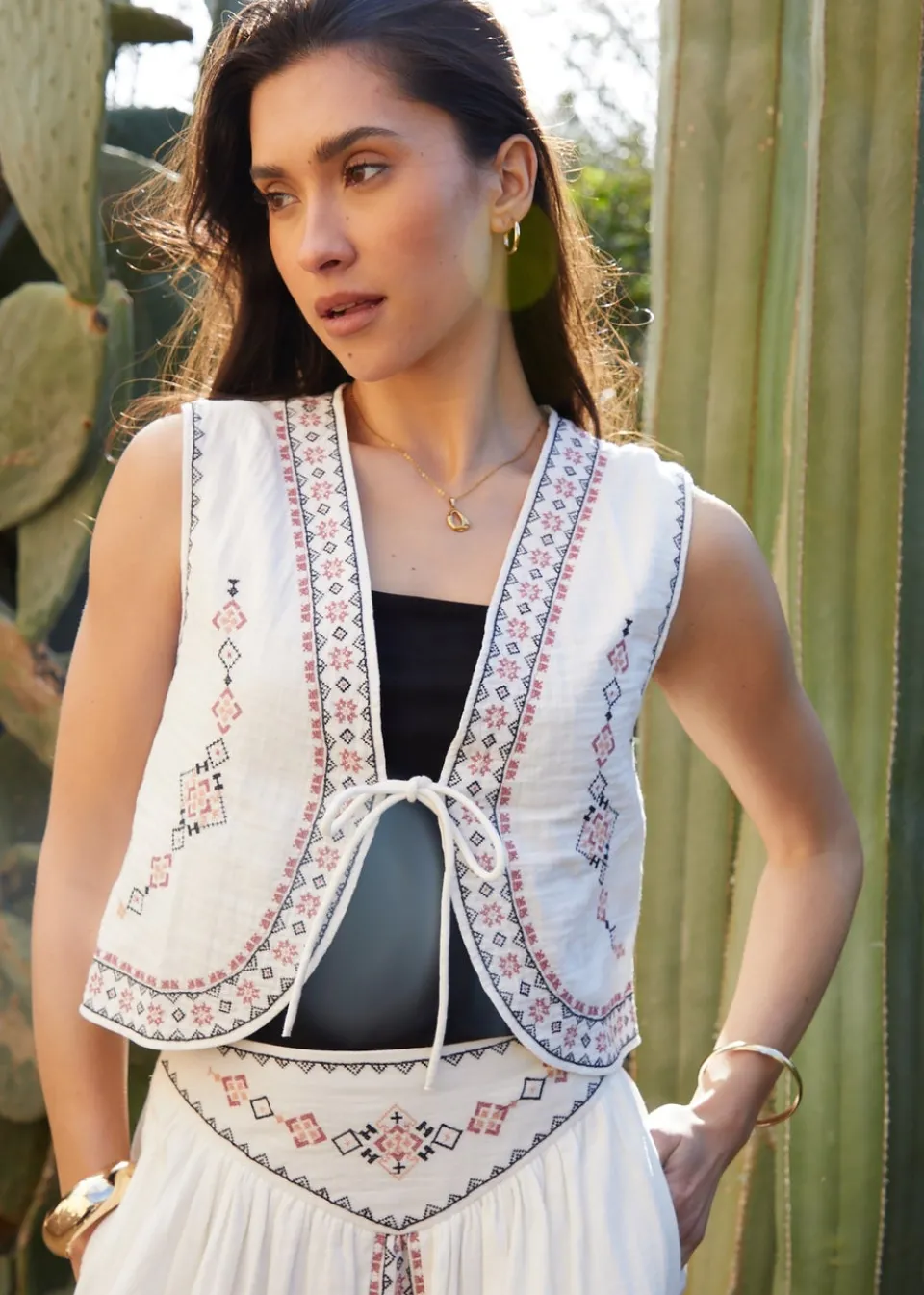 Tops>Threadbare Cream Embroidered Tie Front Waistcoat