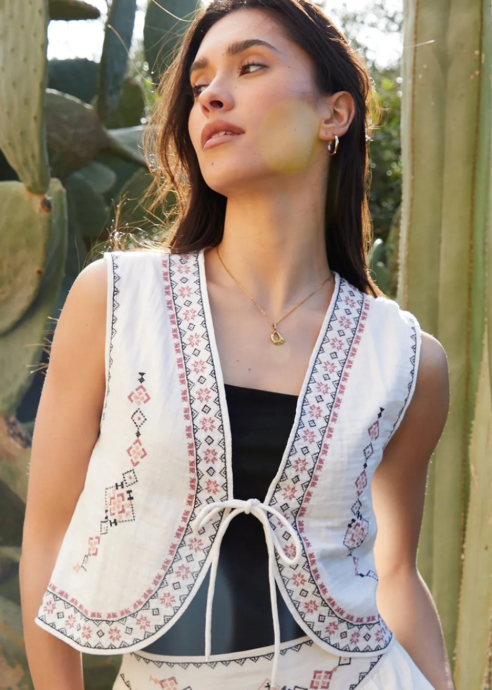 Tops>Threadbare Cream Embroidered Tie Front Waistcoat