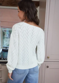 Tops>Threadbare Cream Slash Neck Pointelle Knit Jumper