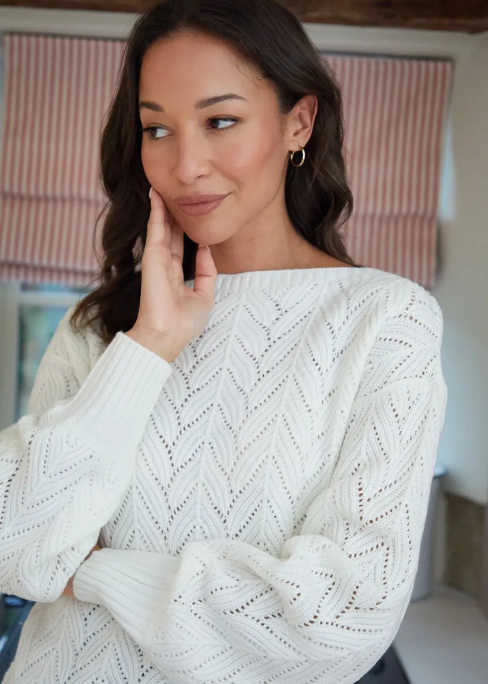 Tops>Threadbare Cream Slash Neck Pointelle Knit Jumper