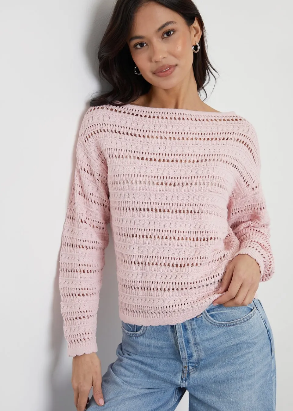 Tops>Threadbare Dusty Pink Slash Neck Pointelle Knit Jumper