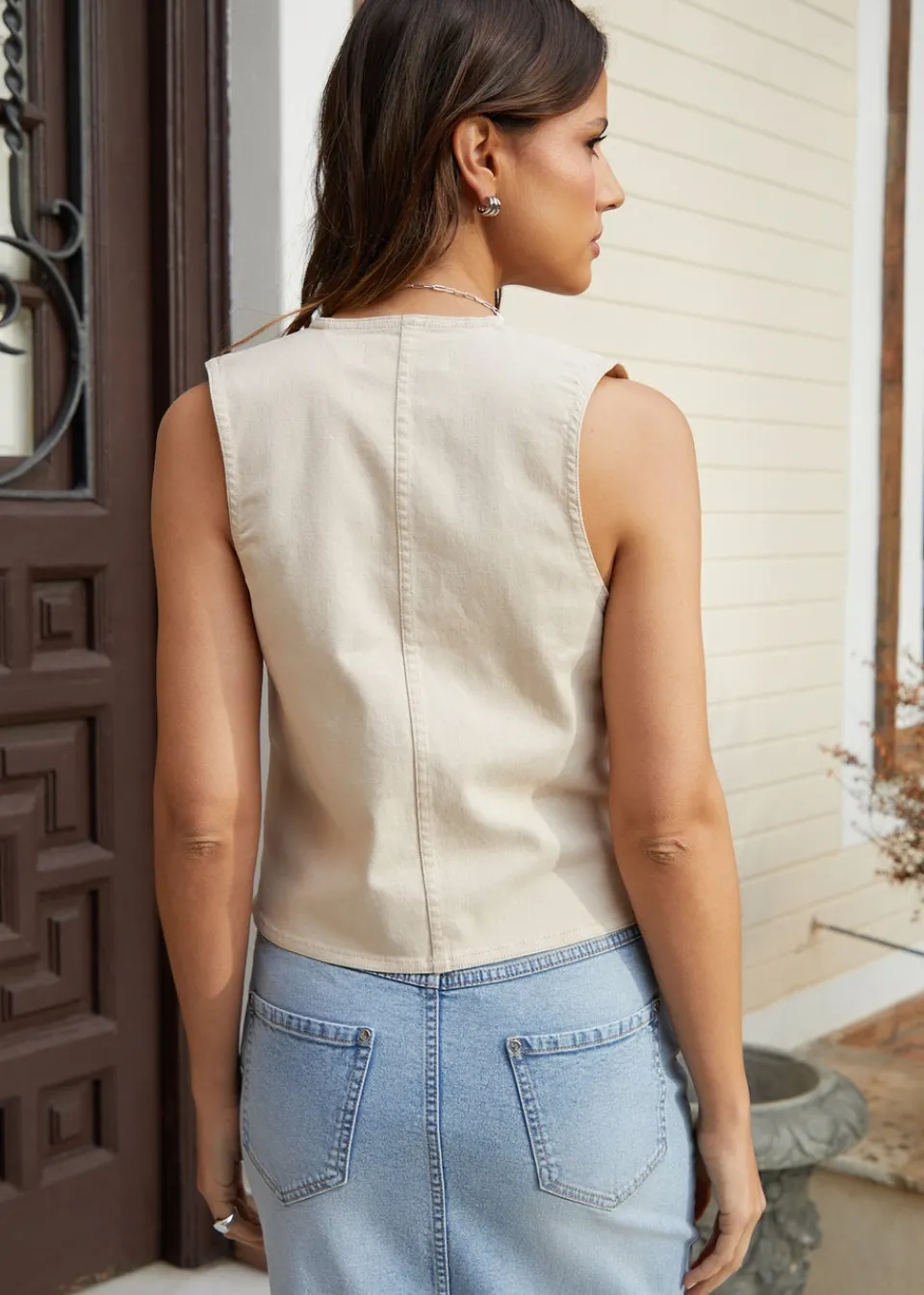 Tops>Threadbare Princess Tailored Denim Waistcoat Ecru