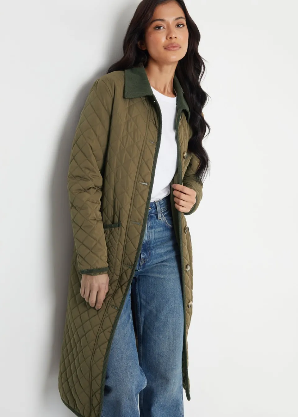Coats & Jackets>Threadbare Khaki Cord Collar Diamond Quilted Jacket