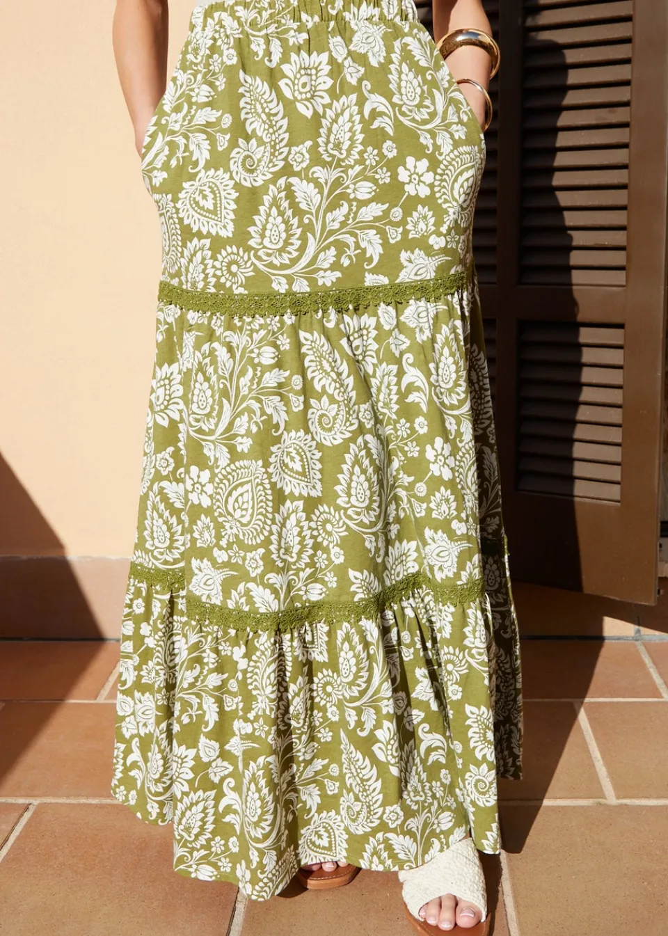 Skirts>Threadbare Khaki Tiered Jersey Maxi Skirt