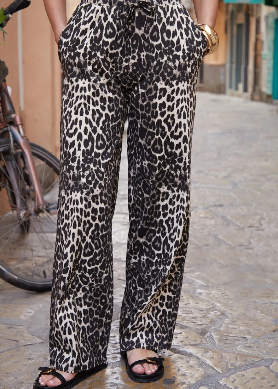 Trousers>Threadbare Leopard Cotton Jersey Wide Leg Trousers