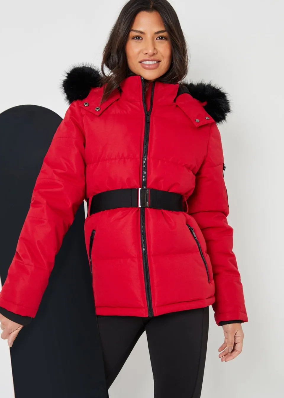 Coats & Jackets>Threadbare Red Belted Padded Ski Jacket