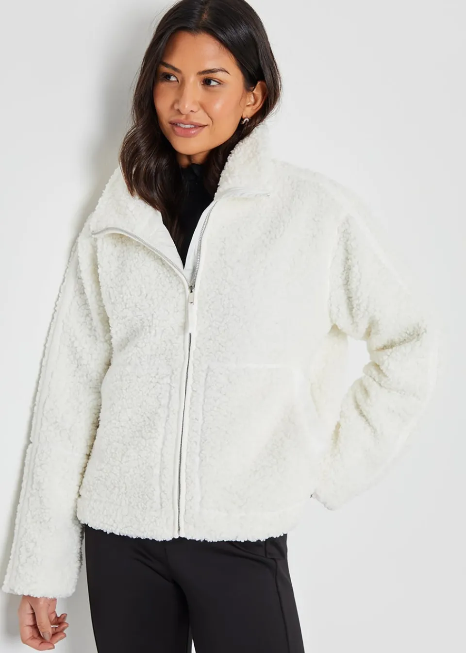 Coats & Jackets>Threadbare White Funnel Neck Zip-Up Borg Fleece