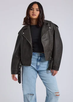 Coats & Jackets>Urban Bliss Black Distressed PU Biker Jacket