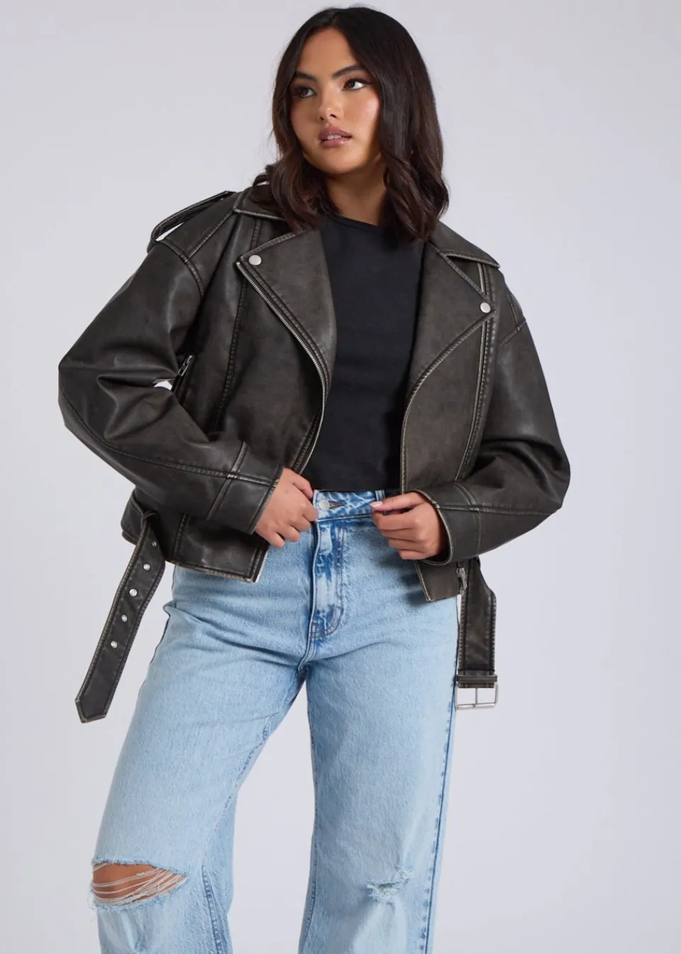 Coats & Jackets>Urban Bliss Black Distressed PU Biker Jacket