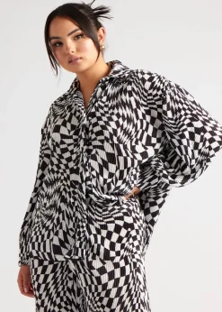 Tops>Urban Bliss Black Geometric Plisse Oversized Shirt