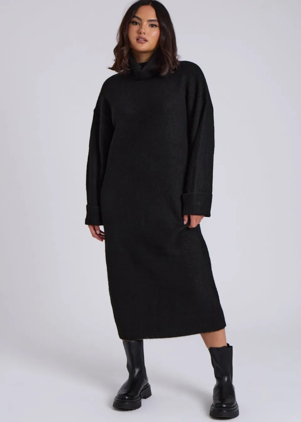 Knitwear>Urban Bliss Black Midi Roll Neck Dress