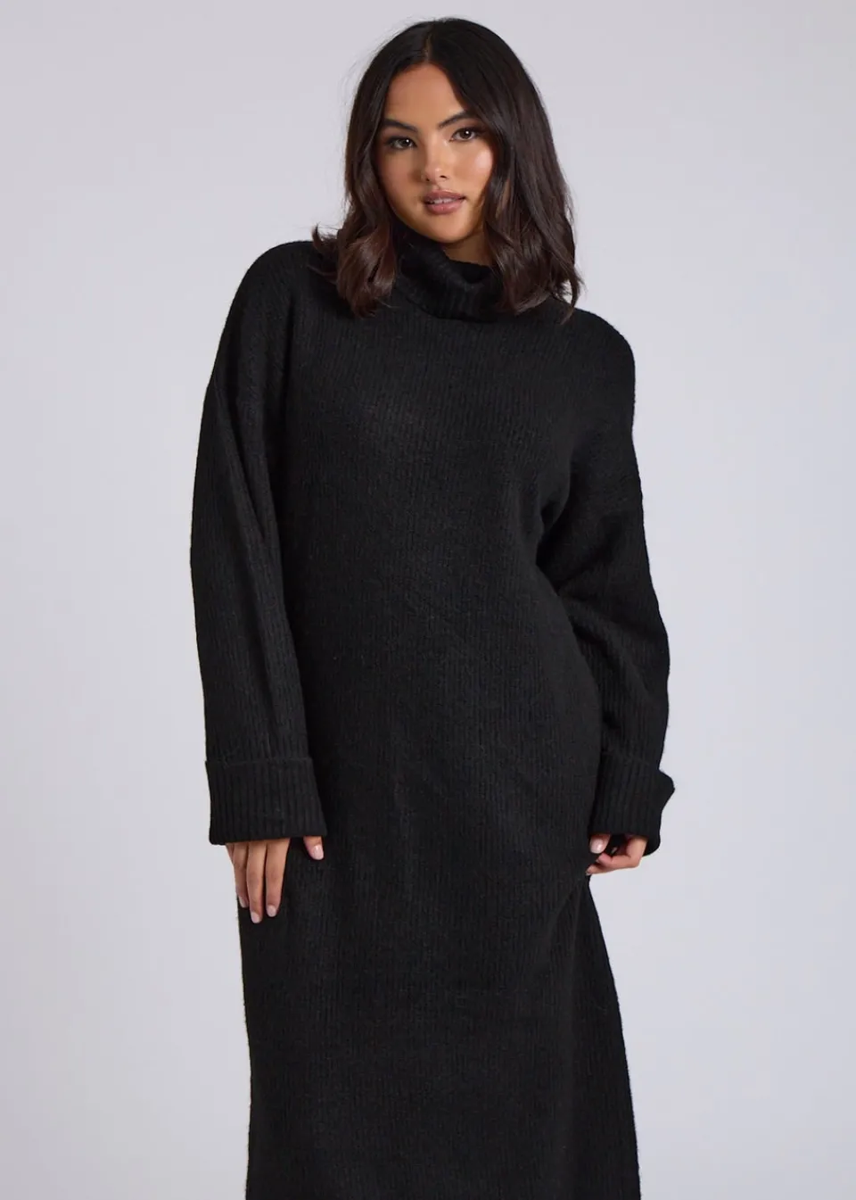 Knitwear>Urban Bliss Black Midi Roll Neck Dress
