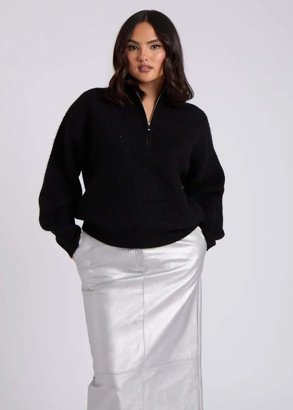 Tops>Urban Bliss Ribbed Half Zip Jumper Black